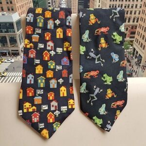 ALYNN Mens 100% Silk Necktie 1982-MY PRINCE! FROGS & 1990-FOR SALE, Lot of 2 USA